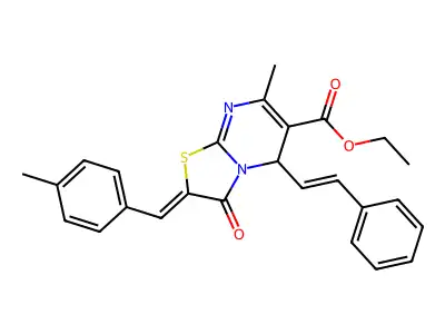 ethyl (2E)-7-methyl-2-(4-methylbenzylidene)-3-oxo-5-[(E)-2-phenylethenyl]-2,3-dihydro-5H-[1,3]thiazolo[3,2-a]pyrimidine-6-carboxylate structure