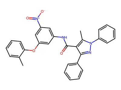 5-methyl-N-[3-(2-methylphenoxy)-5-nitrophenyl]-1,3-diphenylpyrazole-4-carboxamide structure