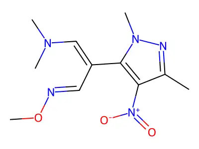 3-(dimethylamino)-2-(1,3-dimethyl-4-nitro-1H-pyrazol-5-yl)acrylaldehyde O-methyloxime structure