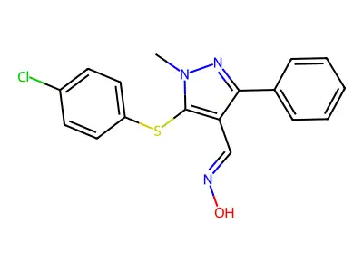 5-[(4-chlorophenyl)sulfanyl]-1-methyl-3-phenyl-1H-pyrazole-4-carbaldehyde oxime structure