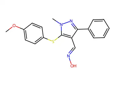 5-[(4-methoxyphenyl)sulfanyl]-1-methyl-3-phenyl-1H-pyrazole-4-carbaldehyde oxime structure