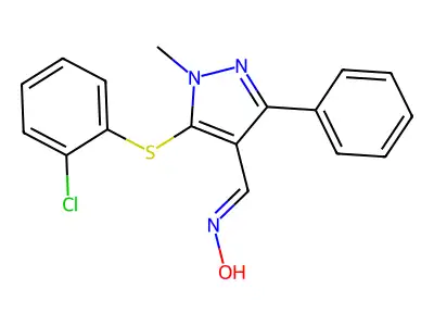 N-[[5-(2-chlorophenyl)sulfanyl-1-methyl-3-phenylpyrazol-4-yl]methylidene]hydroxylamine structure