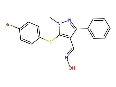 5-[(4-Bromophenyl)thio]-1-methyl-3-phenyl-1H-pyrazole-4-carboxaldehyde oxime structure