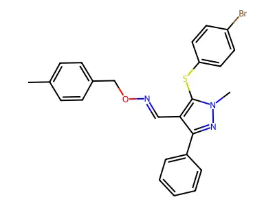 1-[5-(4-bromophenyl)sulfanyl-1-methyl-3-phenylpyrazol-4-yl]-N-[(4-methylphenyl)methoxy]methanimine structure