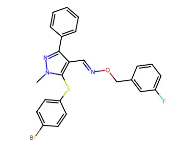 1-[5-(4-bromophenyl)sulfanyl-1-methyl-3-phenylpyrazol-4-yl]-N-[(3-fluorophenyl)methoxy]methanimine structure