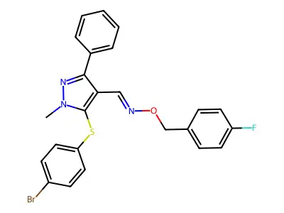 1-[5-(4-bromophenyl)sulfanyl-1-methyl-3-phenylpyrazol-4-yl]-N-[(4-fluorophenyl)methoxy]methanimine structure