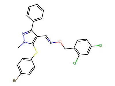 1-[5-(4-bromophenyl)sulfanyl-1-methyl-3-phenylpyrazol-4-yl]-N-[(2,4-dichlorophenyl)methoxy]methanimine structure