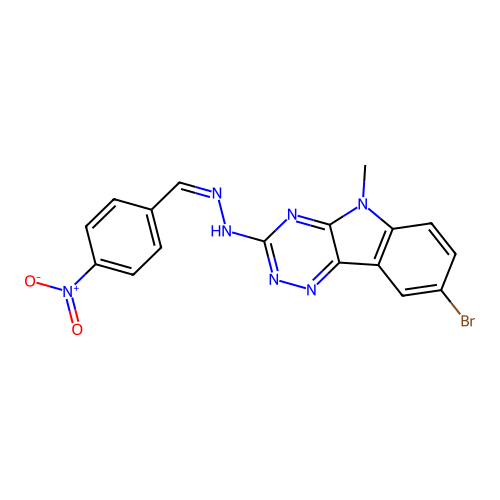 (Z)-8-bromo-5-methyl-3-(2-(4-nitrobenzylidene)hydrazinyl)-5H-[1,2,4]triazino[5,6-b]indole structure