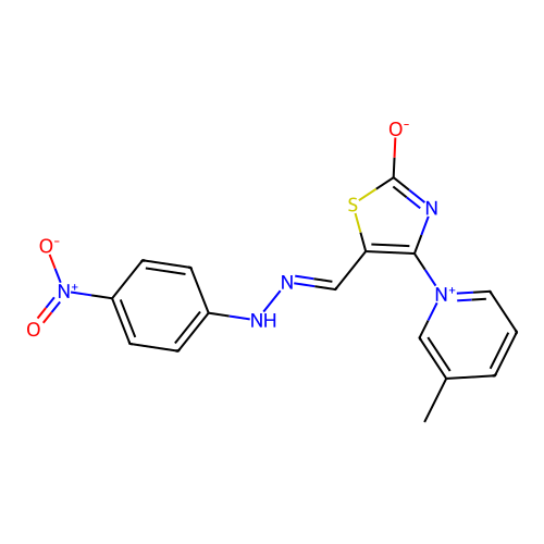 (E)-4-(3-methylpyridin-1-ium-1-yl)-5-((2-(4-nitrophenyl)hydrazono)methyl)thiazol-2-olate structure