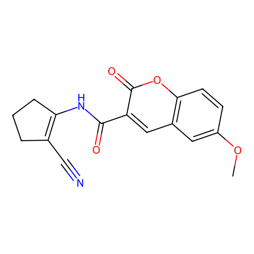 N-(2-cyanocyclopent-1-en-1-yl)-6-methoxy-2-oxo-2H-chromene-3-carboxamide structure