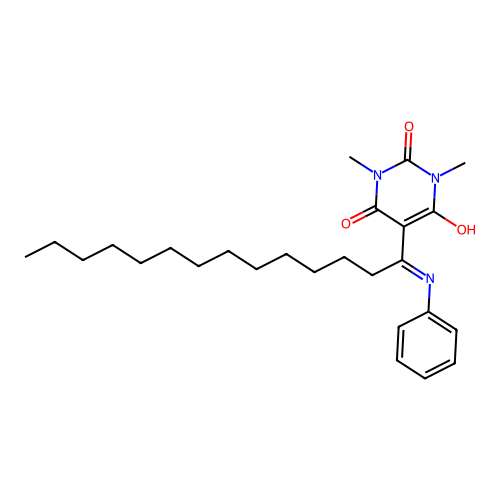 1,3-dimethyl-5-(1-(phenylamino)tetradecylidene)pyrimidine-2,4,6(1H,3H,5H)-trione structure