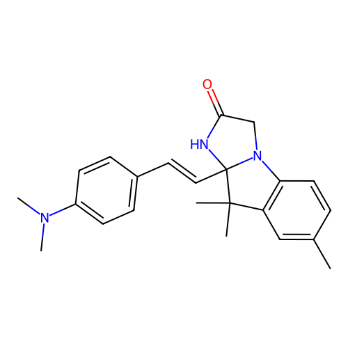 (E)-9a-(4-(dimethylamino)styryl)-7,9,9-trimethyl-9,9a-dihydro-1H-imidazo[1,2-a]indol-2(3H)-one structure
