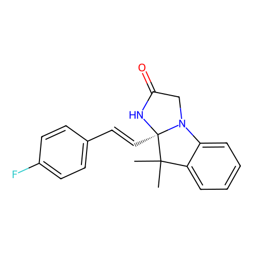 (S,E)-9a-(4-fluorostyryl)-9,9-dimethyl-9,9a-dihydro-1H-imidazo[1,2-a]indol-2(3H)-one structure