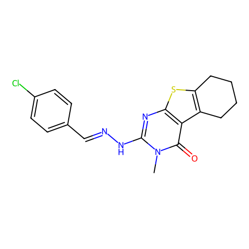 2-[(2E)-2-(4-chlorobenzylidene)hydrazinyl]-3-methyl-5,6,7,8-tetrahydro[1]benzothieno[2,3-d]pyrimidin-4(3H)-one structure