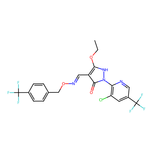 1-[3-chloro-5-(trifluoromethyl)-2-pyridinyl]-3-ethoxy-5-hydroxy-1H-pyrazole-4-carbaldehyde O-[4-(trifluoromethyl)benzyl]oxime structure
