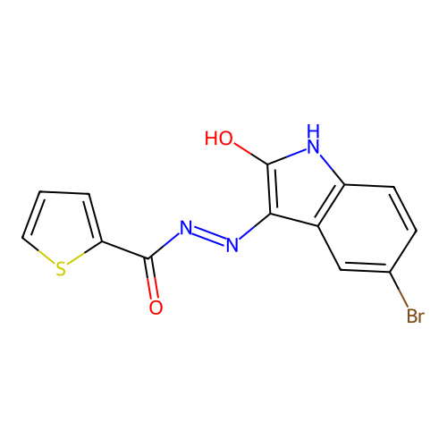 N'-[(3Z)-5-bromo-2-oxo-1,2-dihydro-3H-indol-3-ylidene]thiophene-2-carbohydrazide structure