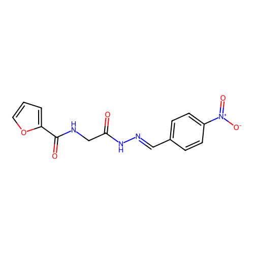 N-[2-[2-[(4-nitrophenyl)methylidene]hydrazinyl]-2-oxoethyl]furan-2-carboxamide structure