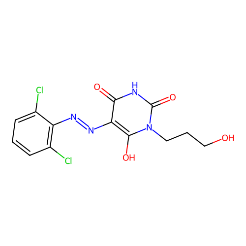 (5Z)-5-[2-(2,6-dichlorophenyl)hydrazinylidene]-1-(3-hydroxypropyl)pyrimidine-2,4,6(1H,3H,5H)-trione structure