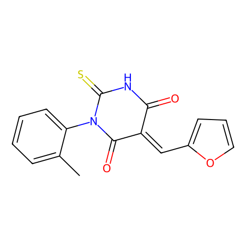 (5E)-5-(furan-2-ylmethylidene)-1-(2-methylphenyl)-2-sulfanylidene-1,3-diazinane-4,6-dione structure