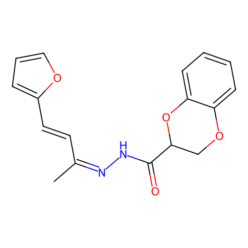 N-[(Z)-[(E)-4-(furan-2-yl)but-3-en-2-ylidene]amino]-2,3-dihydro-1,4-benzodioxine-3-carboxamide structure