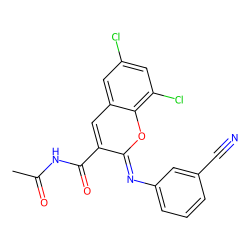 (2Z)-N-acetyl-6,8-dichloro-2-[(3-cyanophenyl)imino]-2H-chromene-3-carboxamide structure