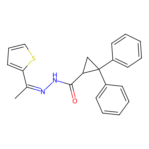 (Z)-2,2-diphenyl-N'-(1-(thiophen-2-yl)ethylidene)cyclopropanecarbohydrazide structure