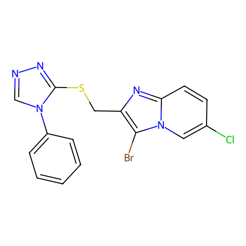 3-bromo-6-chloro-2-(((4-phenyl-4H-1,2,4-triazol-3-yl)thio)methyl)imidazo[1,2-a]pyridine structure