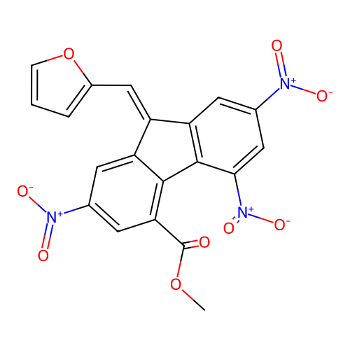 methyl (9E)-9-(furan-2-ylmethylidene)-2,5,7-trinitro-9H-fluorene-4-carboxylate structure