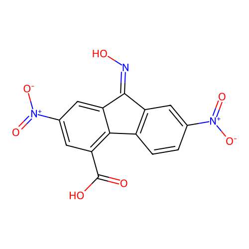 (9Z)-9-(hydroxyimino)-2,7-dinitro-9H-fluorene-4-carboxylic acid structure