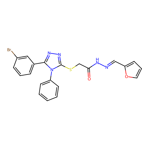 (E)-2-((5-(3-bromophenyl)-4-phenyl-4H-1,2,4-triazol-3-yl)thio)-N'-(furan-2-ylmethylene)acetohydrazide structure