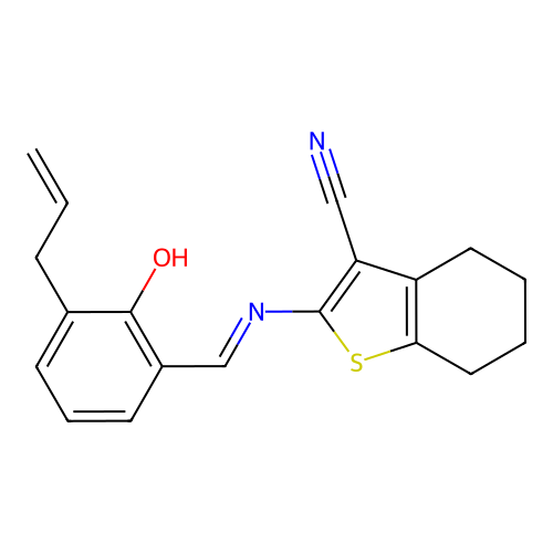 2-[(E)-{[2-HYDROXY-3-(PROP-2-EN-1-YL)PHENYL]METHYLIDENE}AMINO]-4,5,6,7-TETRAHYDRO-1-BENZOTHIOPHENE-3-CARBONITRILE structure
