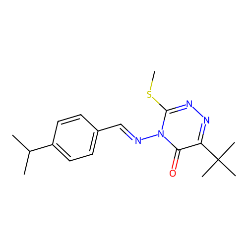 6-tert-butyl-3-methylsulfanyl-4-[(E)-(4-propan-2-ylphenyl)methylideneamino]-1,2,4-triazin-5-one structure