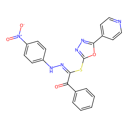 (2E)-3-[(4-nitrophenyl)amino]-1-phenyl-2-(5-(4-pyridyl)(1,3,4-oxadiazol-2-yl)t hio)-3-azaprop-2-en-1-one structure