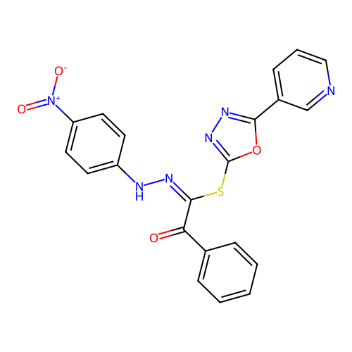 (5-pyridin-3-yl-1,3,4-oxadiazol-2-yl) (1E)-N-(4-nitroanilino)-2-oxo-2-phenylethanimidothioate structure