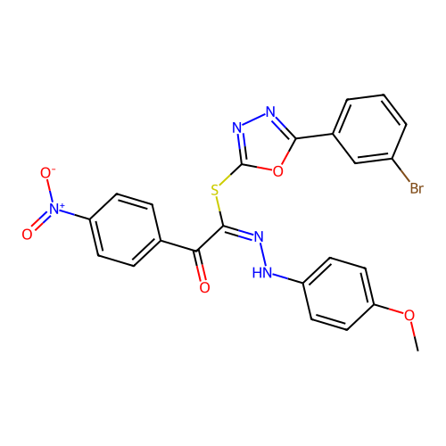 (E)-5-(3-bromophenyl)-1,3,4-oxadiazol-2-yl N'-(4-methoxyphenyl)-2-(4-nitrophenyl)-2-oxoethanehydrazonothioate structure