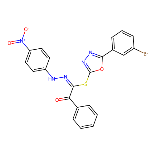 5-(3-bromophenyl)-1,3,4-oxadiazol-2-yl (1E)-N-(4-nitrophenyl)-2-oxo-2-phenylethanehydrazonothioate structure