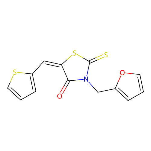 (E)-3-(furan-2-ylmethyl)-5-(thiophen-2-ylmethylene)-2-thioxothiazolidin-4-one structure