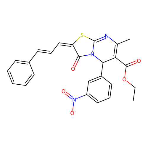 (E)-ethyl 7-methyl-5-(3-nitrophenyl)-3-oxo-2-((E)-3-phenylallylidene)-3,5-dihydro-2H-thiazolo[3,2-a]pyrimidine-6-carboxylate structure