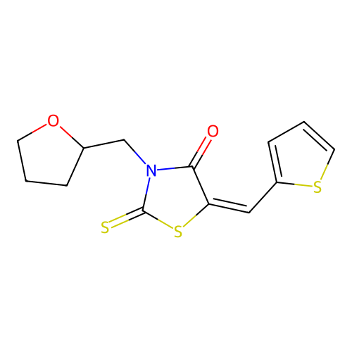 (E)-3-((tetrahydrofuran-2-yl)methyl)-5-(thiophen-2-ylmethylene)-2-thioxothiazolidin-4-one structure