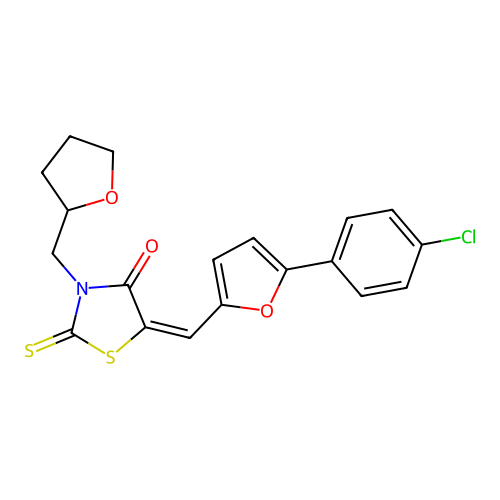 (5E)-5-{[5-(4-chlorophenyl)-2-furyl]methylene}-3-(tetrahydro-2-furanylmethyl)-2-thioxo-1,3-thiazolidin-4-one structure