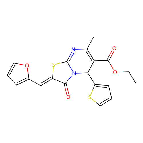 ethyl (2Z)-2-(2-furylmethylene)-7-methyl-3-oxo-5-thien-2-yl-2,3-dihydro-5H-[1,3]thiazolo[3,2-a]pyrimidine-6-carboxylate structure