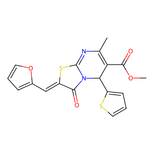 (Z)-methyl 2-(furan-2-ylmethylene)-7-methyl-3-oxo-5-(thiophen-2-yl)-3,5-dihydro-2H-thiazolo[3,2-a]pyrimidine-6-carboxylate structure