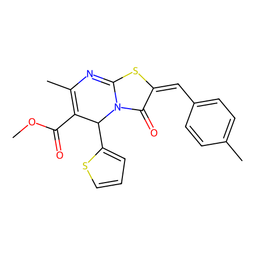 methyl (2E)-7-methyl-2-(4-methylbenzylidene)-3-oxo-5-(2-thienyl)-2,3-dihydro-5H-[1,3]thiazolo[3,2-a]pyrimidine-6-carboxylate structure