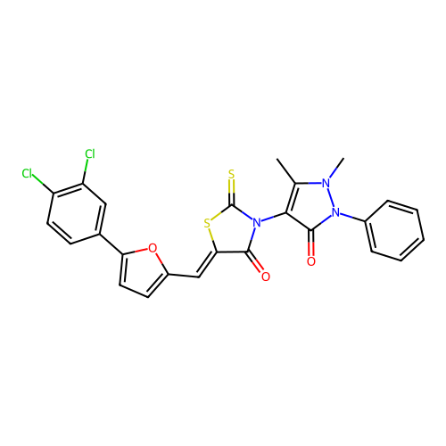 (5Z)-5-[[5-(3,4-dichlorophenyl)furan-2-yl]methylidene]-3-(1,5-dimethyl-3-oxo-2-phenylpyrazol-4-yl)-2-sulfanylidene-1,3-thiazolidin-4-one structure