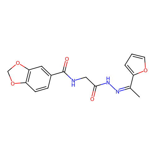 N-[2-[2-[1-(furan-2-yl)ethylidene]hydrazinyl]-2-oxoethyl]-1,3-benzodioxole-5-carboxamide structure
