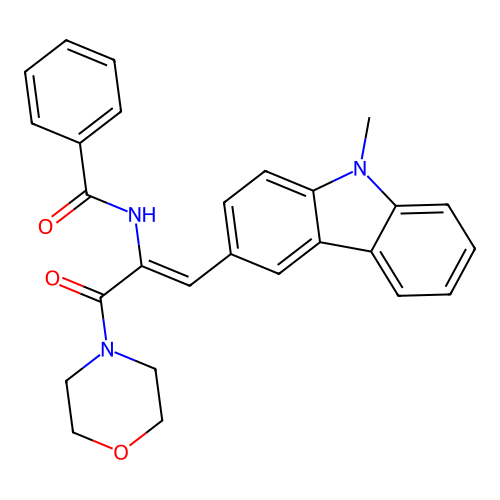 N-(1-(9-methyl-9H-carbazol-3-yl)-3-morpholino-3-oxoprop-1-en-2-yl)benzamide structure