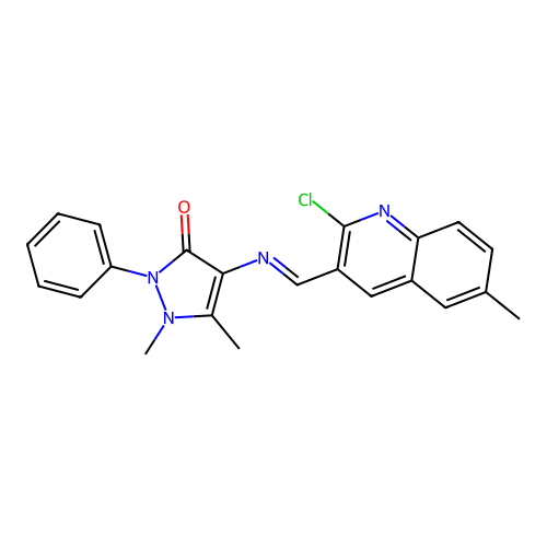 4-[(2-chloro-6-methylquinolin-3-yl)methylideneamino]-1,5-dimethyl-2-phenylpyrazol-3-one structure