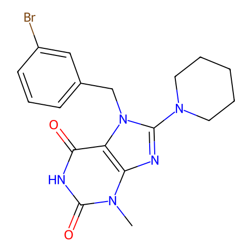 7-(3-bromobenzyl)-3-methyl-8-(piperidin-1-yl)-3,7-dihydro-1H-purine-2,6-dione structure
