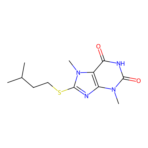 3,7-Dimethyl-8-(3-methyl-butylsulfanyl)-3,7-dihydro-purine-2,6-dione structure