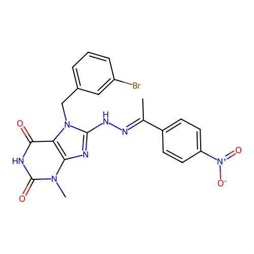 (E)-7-(3-bromobenzyl)-3-methyl-8-(2-(1-(4-nitrophenyl)ethylidene)hydrazinyl)-1H-purine-2,6(3H,7H)-dione structure